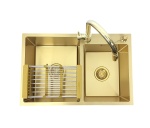 Zlewozmywak stalowy dwu komorowy  STEEL 7549 ZŁOTY + Dozownik + Koszyk +  Bateria AFINO