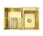 Zlewozmywak stalowy dwu komorowy  STEEL 7549 ZŁOTY + Dozownik + Koszyk