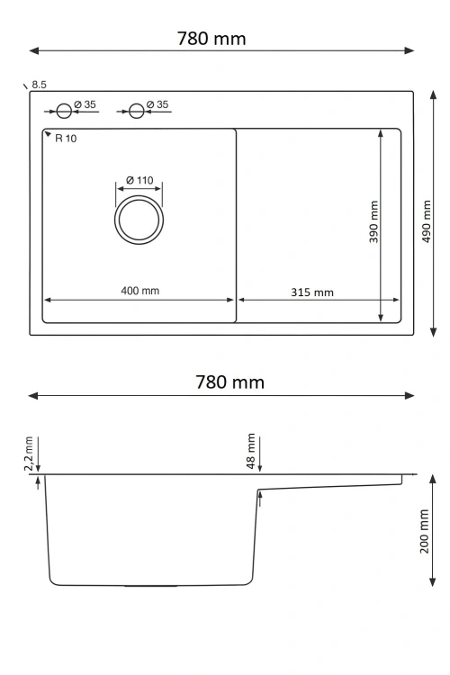 Rysunek techniczny zlewozmywaka stalowego 7849 L