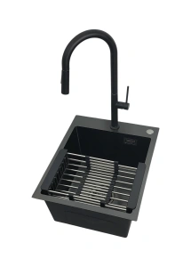 Zlewozmywak stalowy STELLMAN 4050 Czarny 40x50 + bateria LIRA Czarny Mat + koszyk teleskopowy