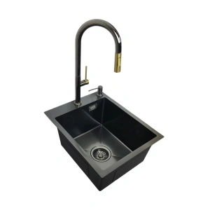 Zlewozmywak stalowy STELLMAN 4050 Czarny 40x50 + bateria LIRA Czarny Chrom + Złoty + dozownik