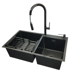 Zlewozmywak 78x45 Czarny + bateria LIRA Czarny Chrom + dozownik + koszyk teleskopowy