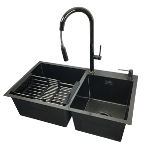 Zlewozmywak stalowy STEEL 7845 Czarny 78x45 + bateria LIRA Czarny Chrom + dozownik + koszyk teleskopowy