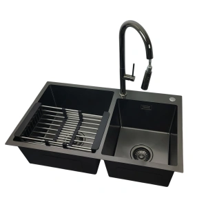 Zlewozmywak stalowy STEEL 7845 Czarny 78x45 + bateria LIRA Czarny Chrom + koszyk teleskopowy