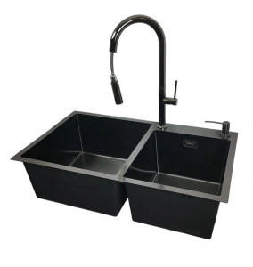 Zlewozmywak stalowy STEEL 7845 Czarny 78x45 + bateria LIRA Czarny Chrom + dozownik