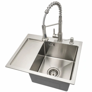 Zlewozmywak stalowy jednokomorowy z ociekaczem inox 5849R z Dozownikiem i Baterią SANTI