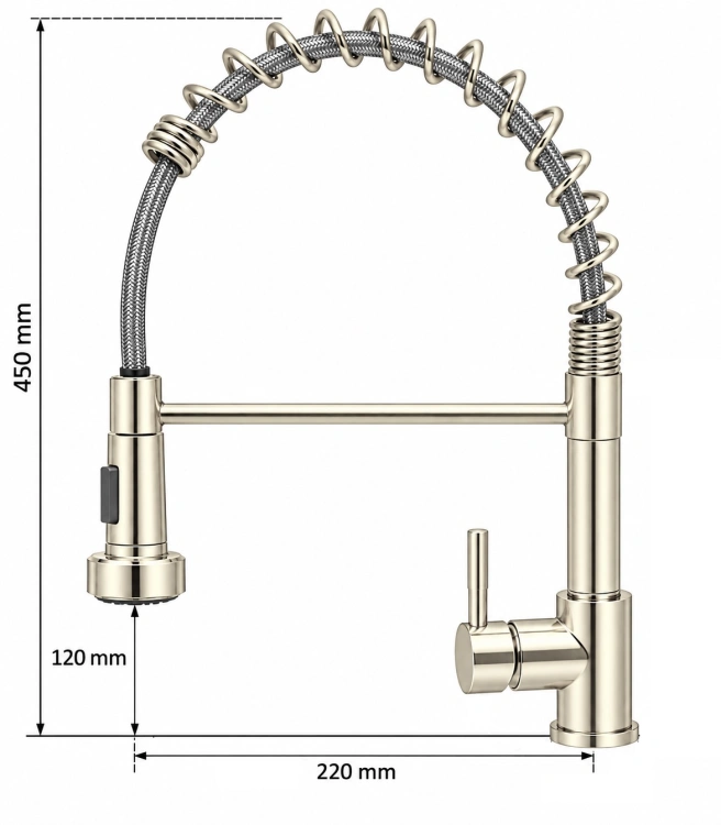 Techniczny diagram złoto-srebrnego kranu kuchennego