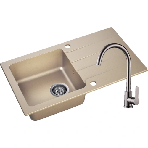 Zlewozmywak Granitowy LAGOON 160 beż z baterią inox
