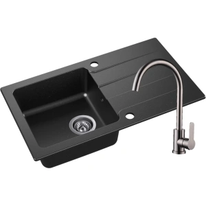 Zlewozmywak Granitowy LAGOON 160 czarny nakrapiany z baterią inox
