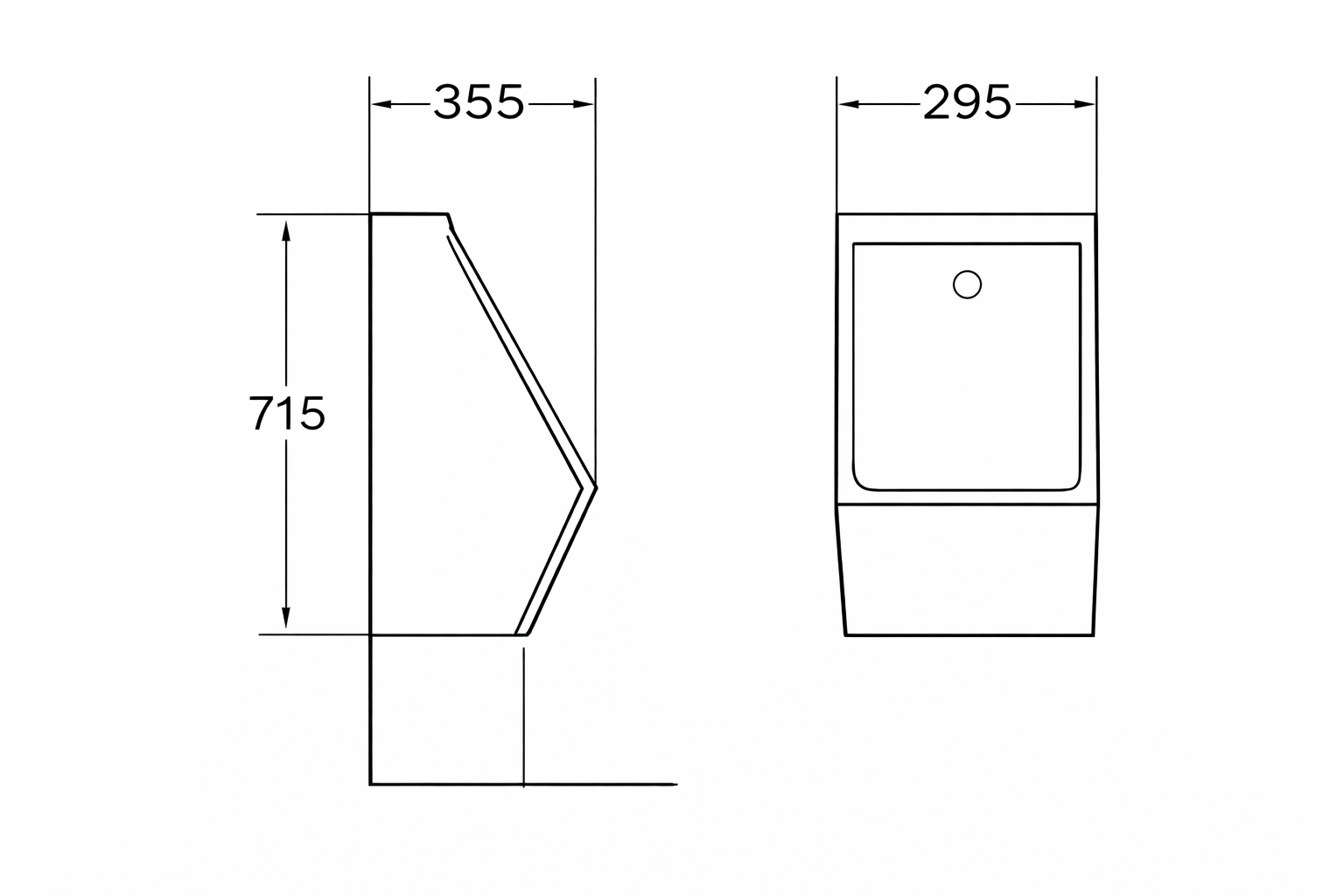 Rysunek wymiarowy pisuaru 8111: wysokość 715 mm, szerokość 355 mm, głębokość 295 mm