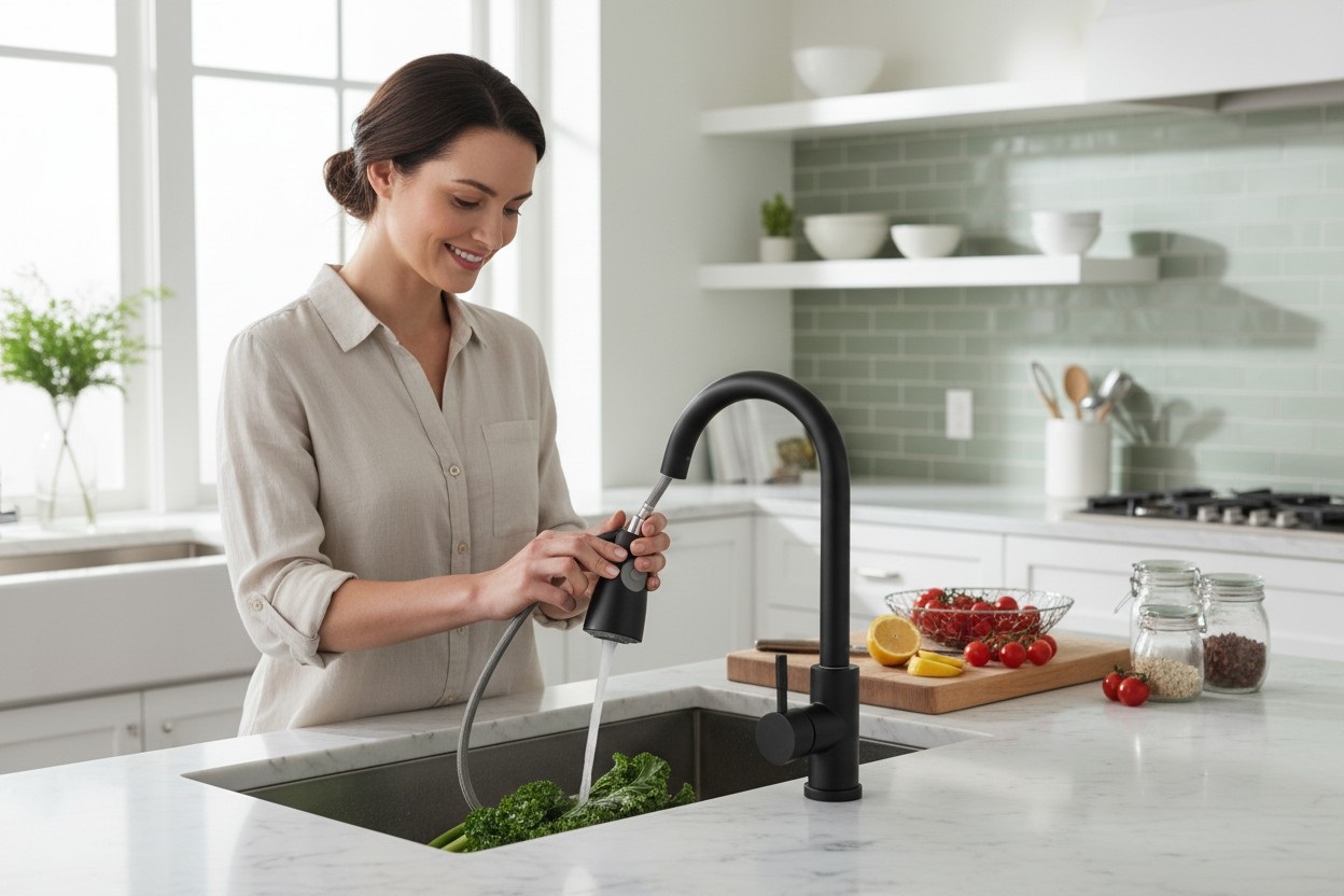 Bateria z wyciąganą wylewką – dlaczego stała się obowiązkowym elementem nowoczesnej kuchni?