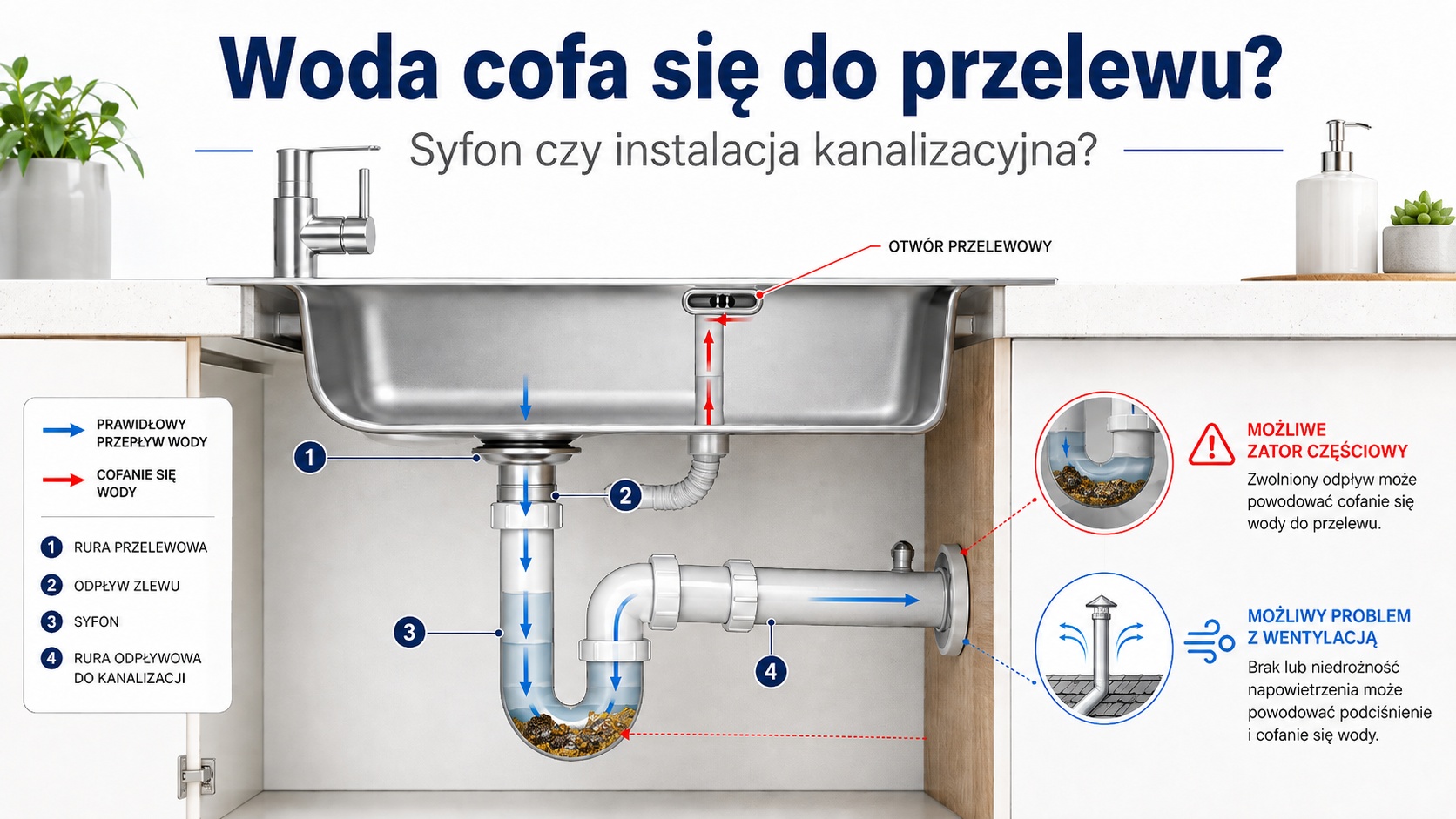 Woda cofa się do przelewu zlewozmywaka – winny syfon czy instalacja kanalizacyjna?